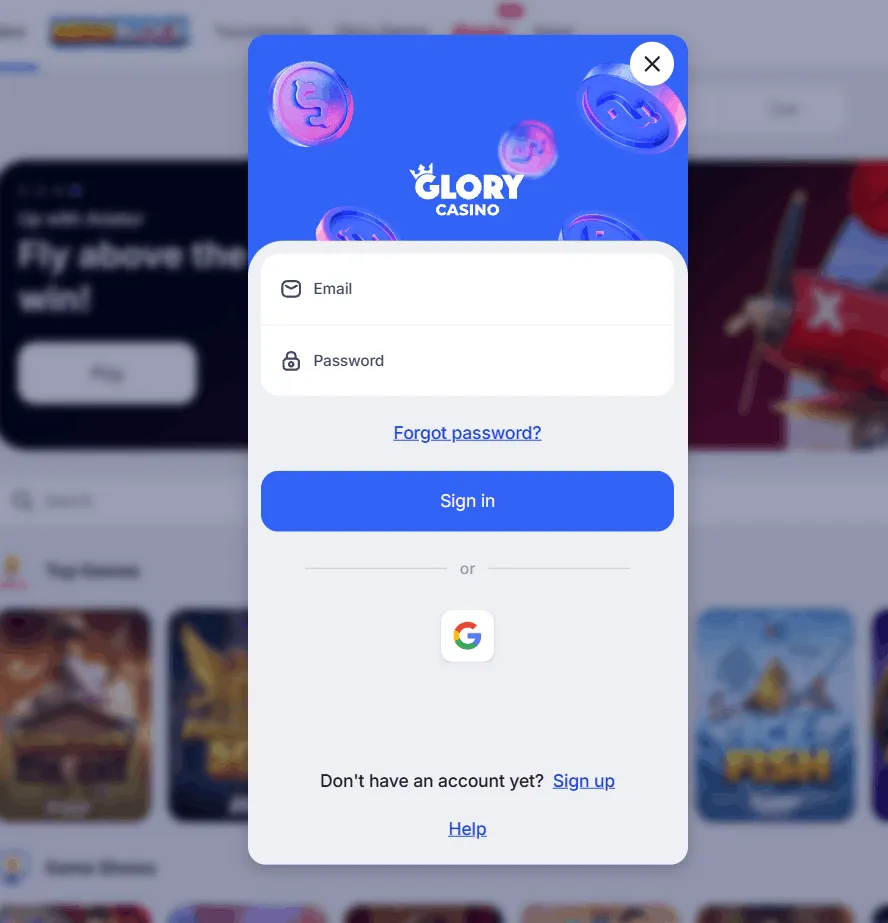 Glory Casino registration and account access